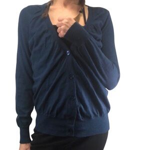 Loft Button Front Blue Cardigan Women's L Wool Blend Ruched Classic Feminine